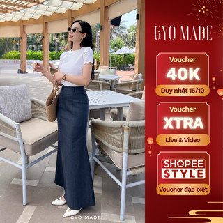 Chân váy Jean dáng đuôi cá nhẹ GYOMADE® họa tiết chấm trắng nhỏ, lưng cao tôn dáng | GV029