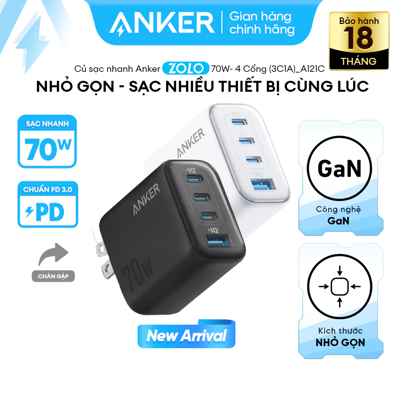 Sạc Anker 4 cổng 3C1A GAN 70W A121C | Huỳnh Giao
