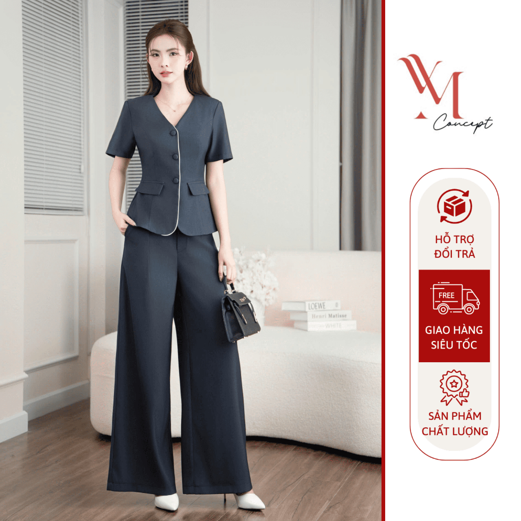 YM Concept Set Áo Gile Tay Ngắn Nút Bọc Cổ Tim Phong Cách Công Sở Hiện Đại D1460