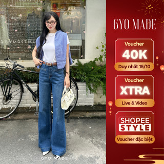 Quần jean ống rộng nữ GYOMADE® wash xanh đậm chất jean cotton co giãn nhẹ, đứng dáng | GQ015B