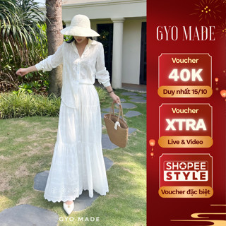 Chân váy ren trắng dáng dài GYOMADE® thêu hoạ tiết, chất xô cotton cao cấp, có lớp lót trong | GV031