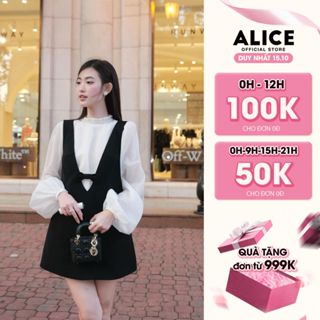 Set Tiểu Thư Áo Tay Phồng Cổ Ngọc Phối Đầm Yếm Dáng Suông ALICE Chất Liệu Cao Cấp, Tiểu Thư S587