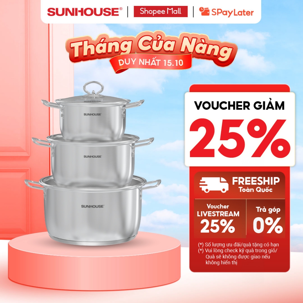 Bộ nồi inox Impact 5 đáy Sunhouse Healthy SHG788E - 3 nồi 16-20-24cm - Đáy phẳng hoàn hảo - Dùng mọi loại bếp