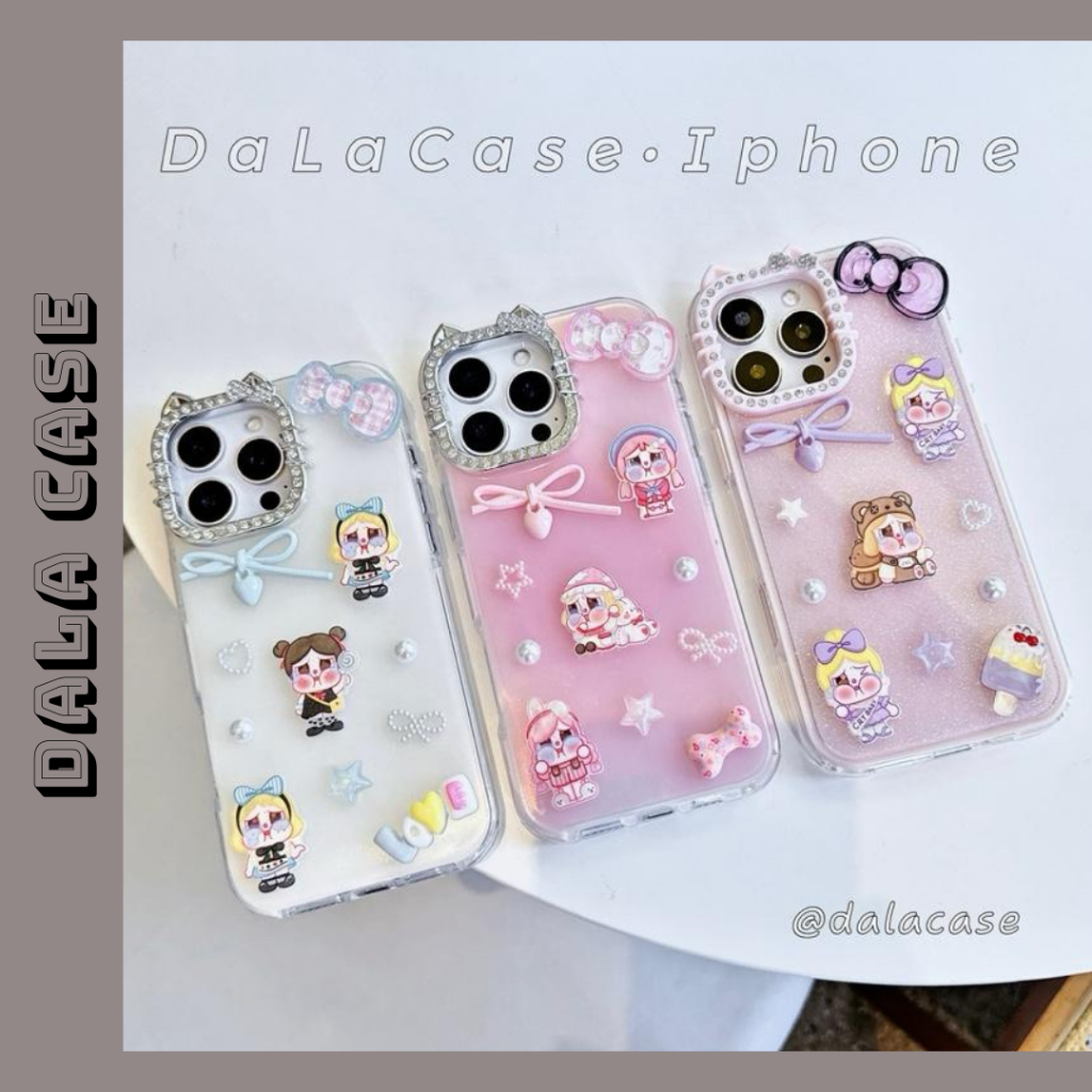 Ốp Lưng Pha Lê - Crystal Glow Đổi Màu Theo Tone Máy Camera Kitty Charm Nơ Tim CryBaby