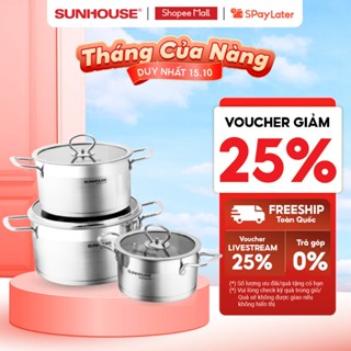 Bộ nồi inox 5 đáy Sunhouse Mama SH784: Gồm 3 nồi - Dùng mọi loại bếp - Đáy 5 lớp hạn chế cháy khét - Hàng chính hãng