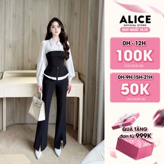 Set Công Sở Chất Chéo Rubi Cao Cấp Alice, Áo Dài Tay Cổ Sơ Mi Phối Thô Hàn, Quần Dài Ống Loe Tôn Dáng S876