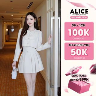 Set Váy Nữ Tiểu Thư Chất Chéo Rubi Cao Cấp Alice, Áo Dáng Croptop Cổ Yếm Phối Nơ Kèm Chân Váy Cạp Cao Xếp Ly S762