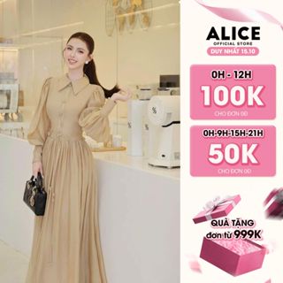 Váy Đầm Cao Cấp Alice Chất Tơ Óng Cổ Bẻ, Tay Bồng Dài Dáng Váy Maxi Ôm Eo Tôn Dáng Phù Hợp Đi Tiệc, Sự Kiện V1394