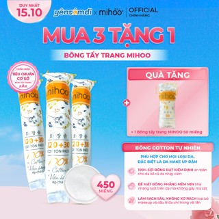 Combo 3 Bịch Bông Tẩy Trang Mihoo 150 Miếng - Cotton Tự Nhiên, Mềm Mịn, Dành Cho Mọi Loại Da