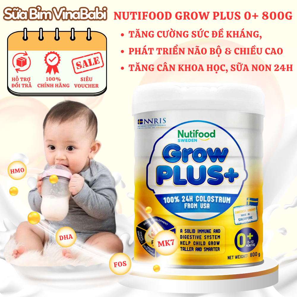 Sữa bột Nutifood Grow Plus 0+ Vàng 800g - Sữa non tăng cường hệ miễn dịch cho bé 0-12 tháng