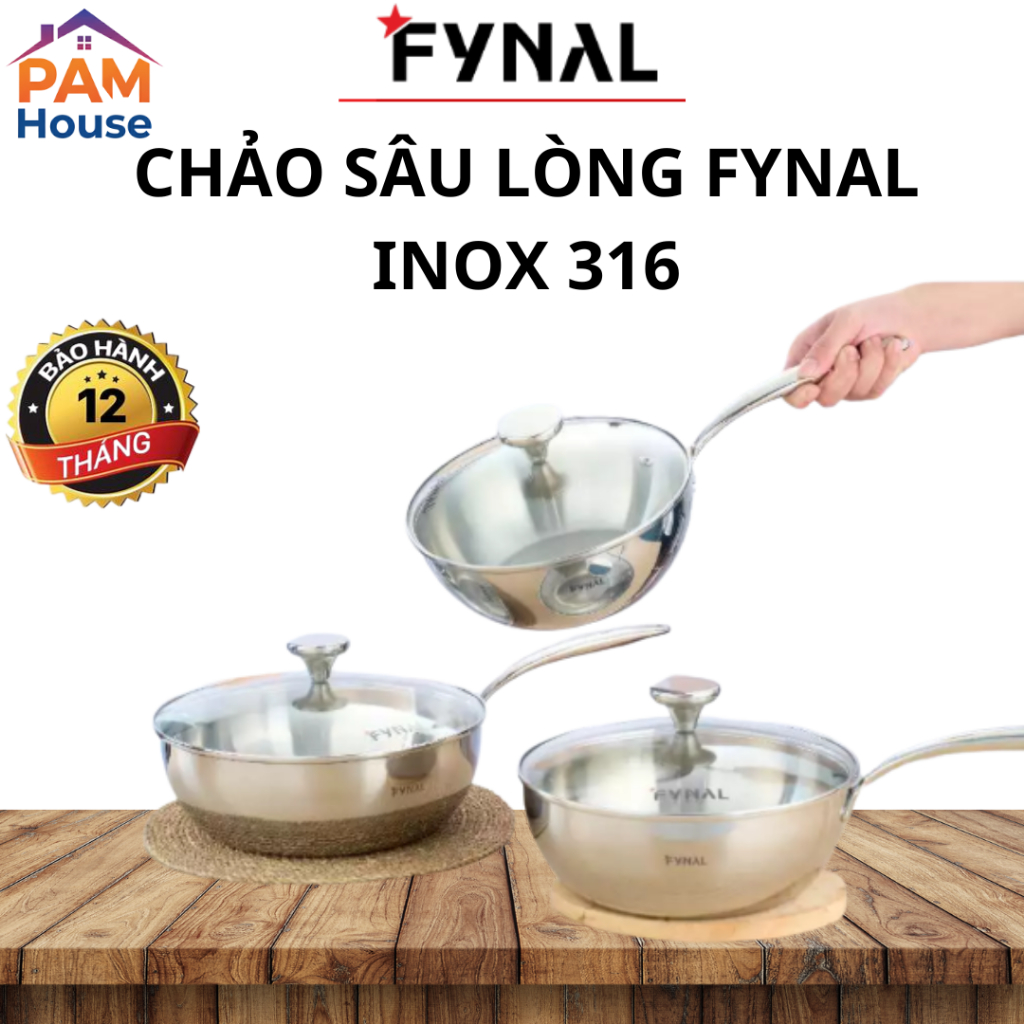 Chảo Inox Sâu Lòng - Chảo inox Fynal Fn-PL222- Chảo inox 316 An toàn chống gỉ - Chảo đa năng