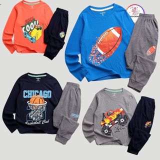  20 đến 50kg Bộ quần áo tay dài quần dài cho bé trai size đại thun cotton xuất in hình xe bóng rổ thể thao 66T 