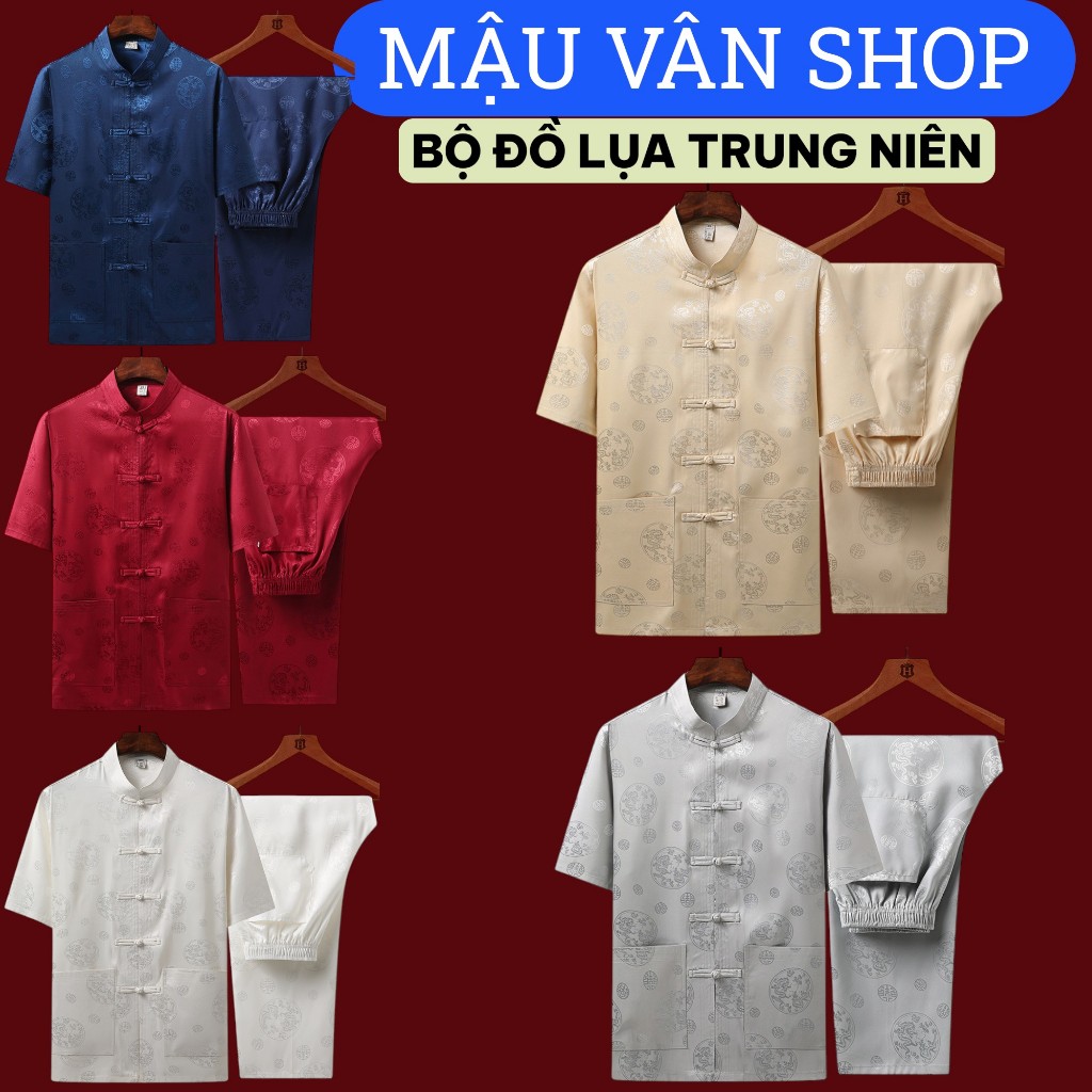 Đồ bộ trung niên Bộ gấm cổ tàu cộc tay in hình tròn chất vải lụa cao cấp 5 màu Hmshop phong cách lịch lãm mã BLC1