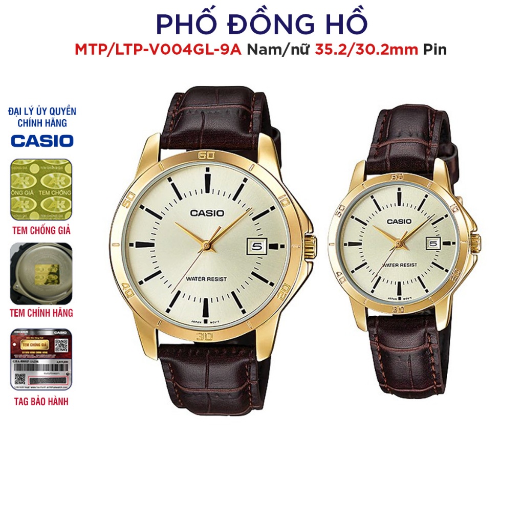 Đồng hồ đôi nam nữ dây da Casio Anh Khuê MTP/LTP-V004GL-9A
