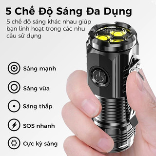  Đèn pin cầm tay mini 5 chế độ siêu sáng có móc gài tiện dụng 