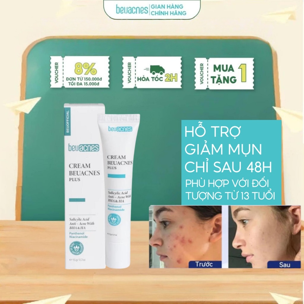 kem giảm mụn nhanh 24h BEUACNES PLUS mụn trứng cá, chiết xuất rau má, hỗ trợ mờ thâm mụn 15g