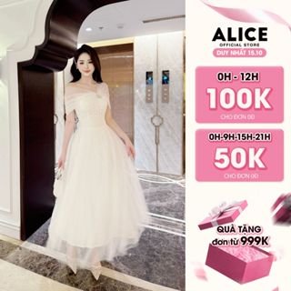 Váy Trễ Vai Dự Tiệc Alice, Đầm Lưới Phối Ren Dáng Maxi Ôm Eo, Váy Đính Đá Nổi Có Lót Xòe Bồng, Phù Hợp Đi Sự Kiện T40