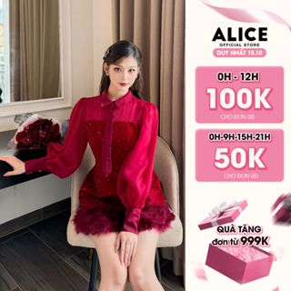 Váy Đỏ Tiểu Thư Nhung Đính Đá ALICE Phối Tay Tơ Nhũ Viền Lông Thỏ Chất Nhung Budanh Phong Cách Tiểu Thư Sang Chảnh V978
