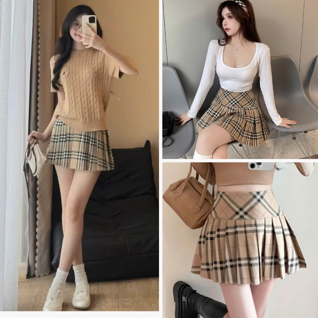 Chân Váy Kẻ Nâu Be Xếp Ly Dáng Ngắn Lưng Cao, Labibi