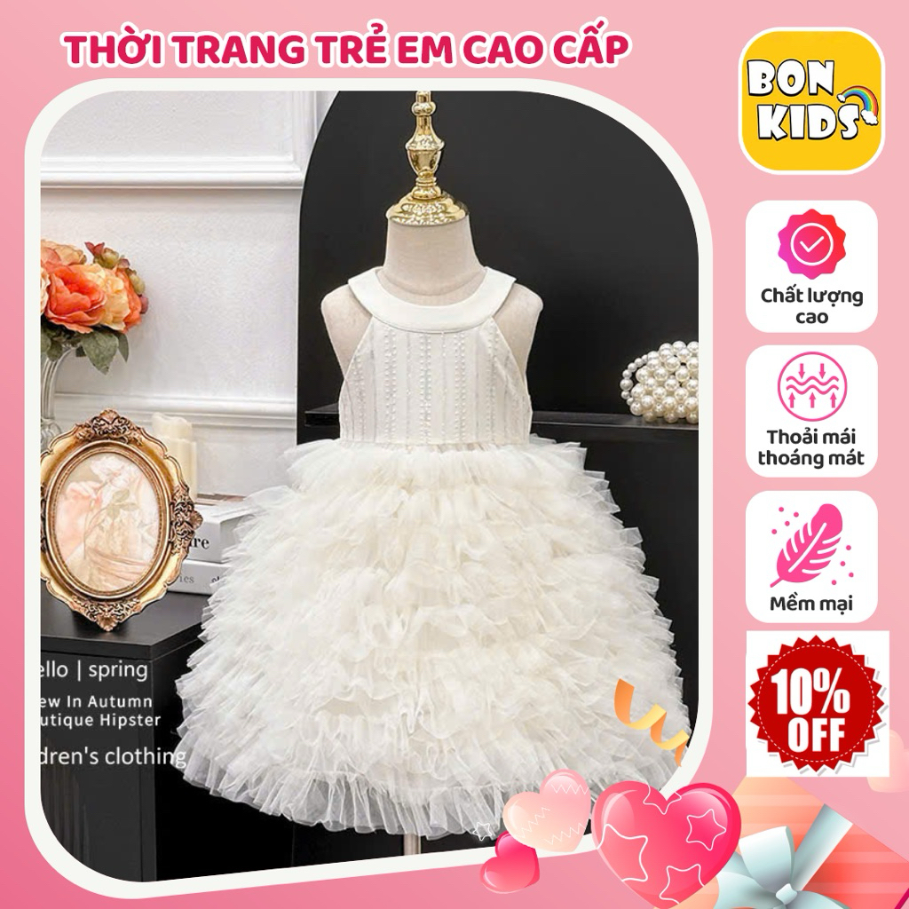 Váy Cổ Yếm Nhiều Tầng Váy Voan Mềm Mịn 2 Màu Hồng Và Trắng Kem Cho Bé Gái BonKids