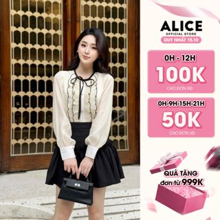 Set Váy Nữ Tiểu Thư Chất Tơ Crep Mềm Mại Alice, Áo Dài Tay Bồng Nhẹ Cổ Phối Bèo Dọc Kèm Chân Váy Chéo Rubi S788