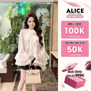 Set Đồ Tiểu Thư Thanh Lịch Alice Áo Chất Tơ Óng Hàn Thiết Kế Tay Loe Nhiều Lớp Cổ Đính Hoa Nổi Kèm Quần Short Tafta S833