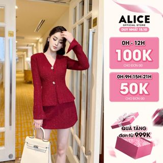 Set Váy Dạ Mềm Cao Cấp Alice Áo Độn Vai Dài Tay Đính Cúc Đá Nổi, Khuy Cài Trong Phối Chân Váy Ngắn Chữ A S763