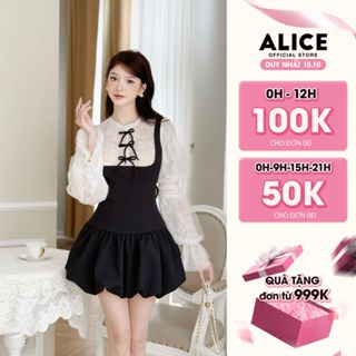 Váy Đầm Tiểu Thư Dáng Bí Alice Chất Chéo Rubi Cao Cấp Phối Ren Cổ Đính Nơ, Tay Áo Xòe Bồng 3 Tầng V1298