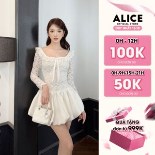 Váy Ren Cao Cấp Tiểu Thư Alice Phối Chéo Hàn Dày Dặn, Đầm Bí Ngắn Tôn Dáng, Dáng Cổ Rộng Đính Nơ JL19