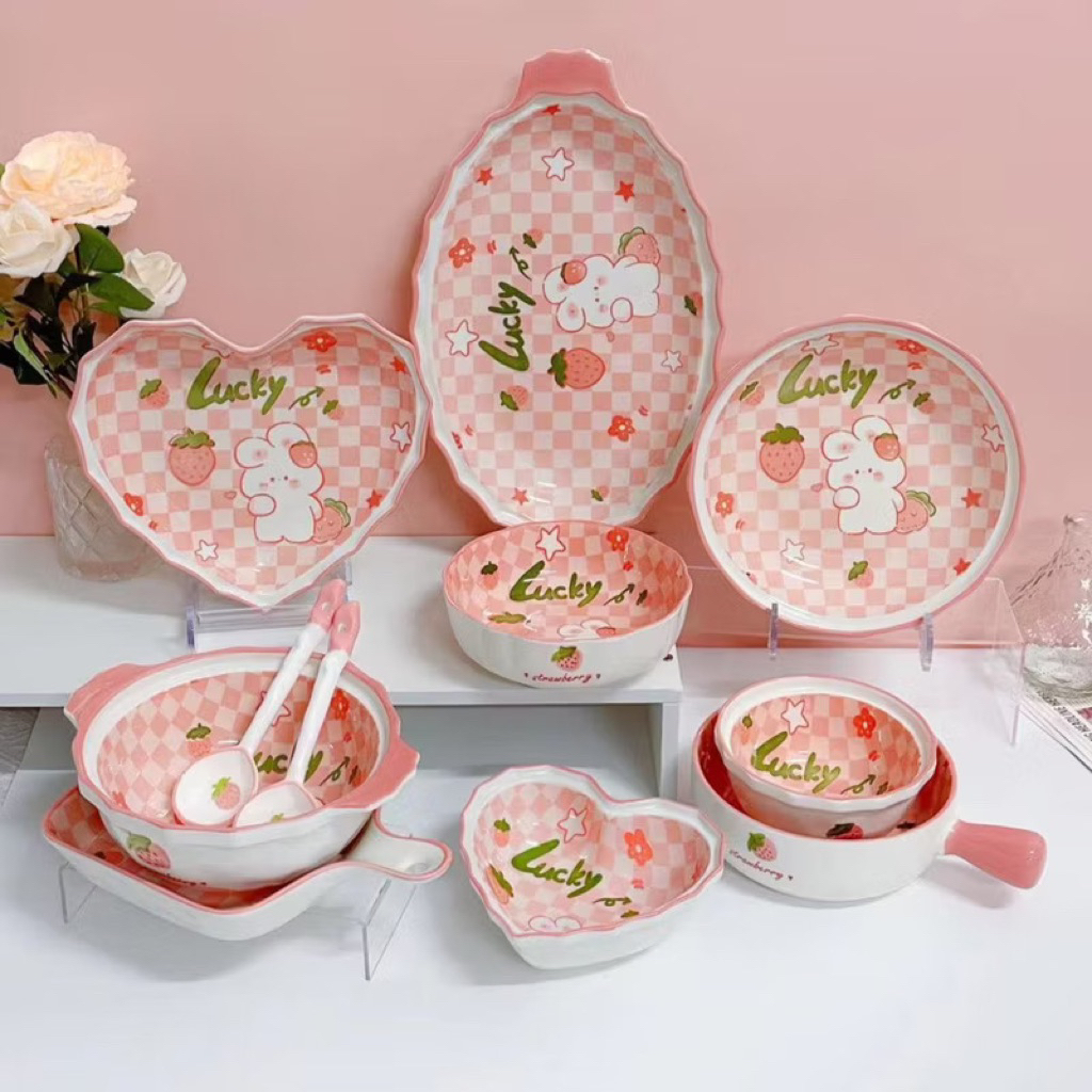 Bộ bát đĩa sứ Decor, Chén dĩa dễ thương, Bát ăn cơm, Bộ chén dĩa hoạ tiết Thỏ hồng Lucky siêu đẹp