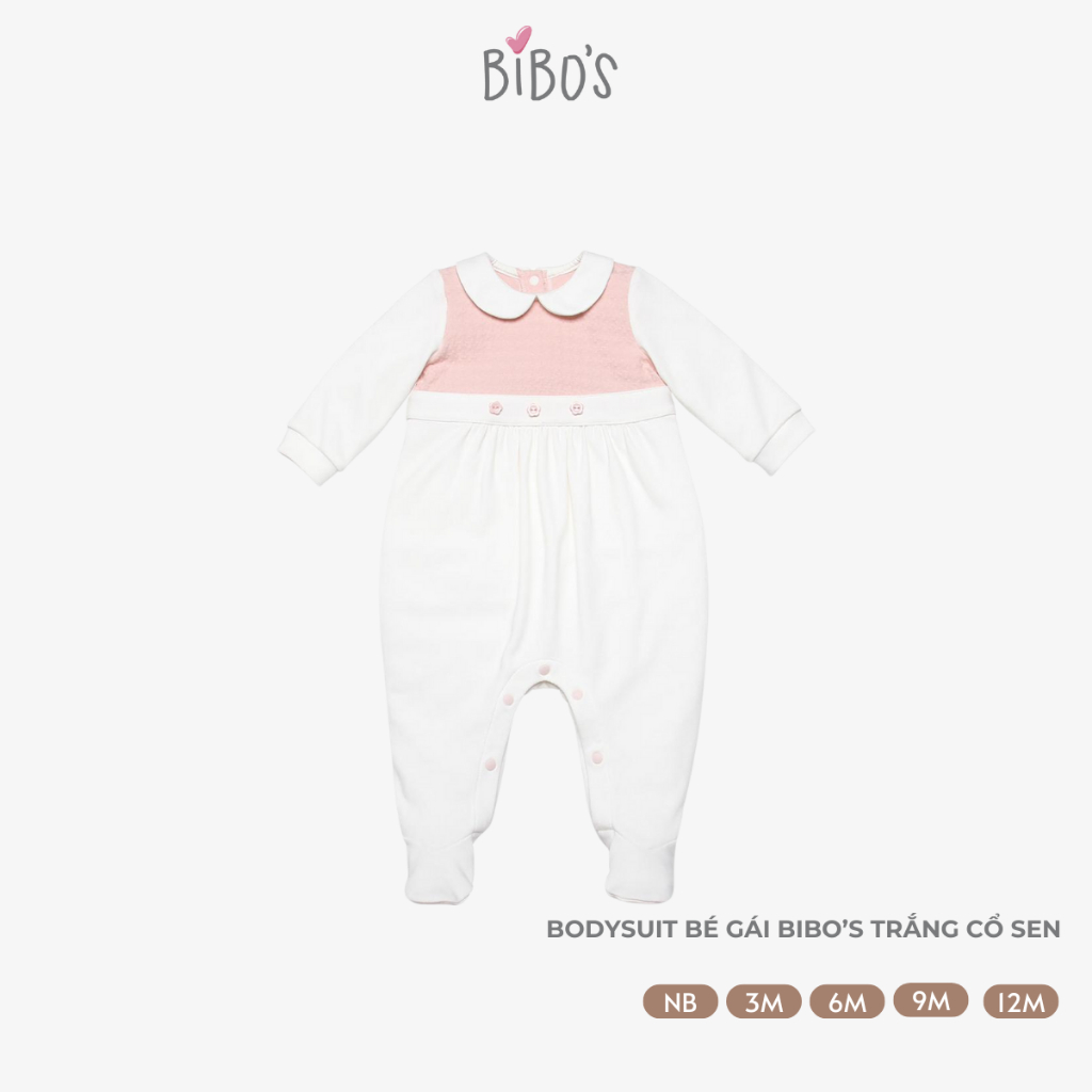 Romper Bé Gái Bibo’s Trắng Cổ Sen Chất Liệu Cotton Mềm Mịn Thoải Mái Co Giãn Tốt  0-12M