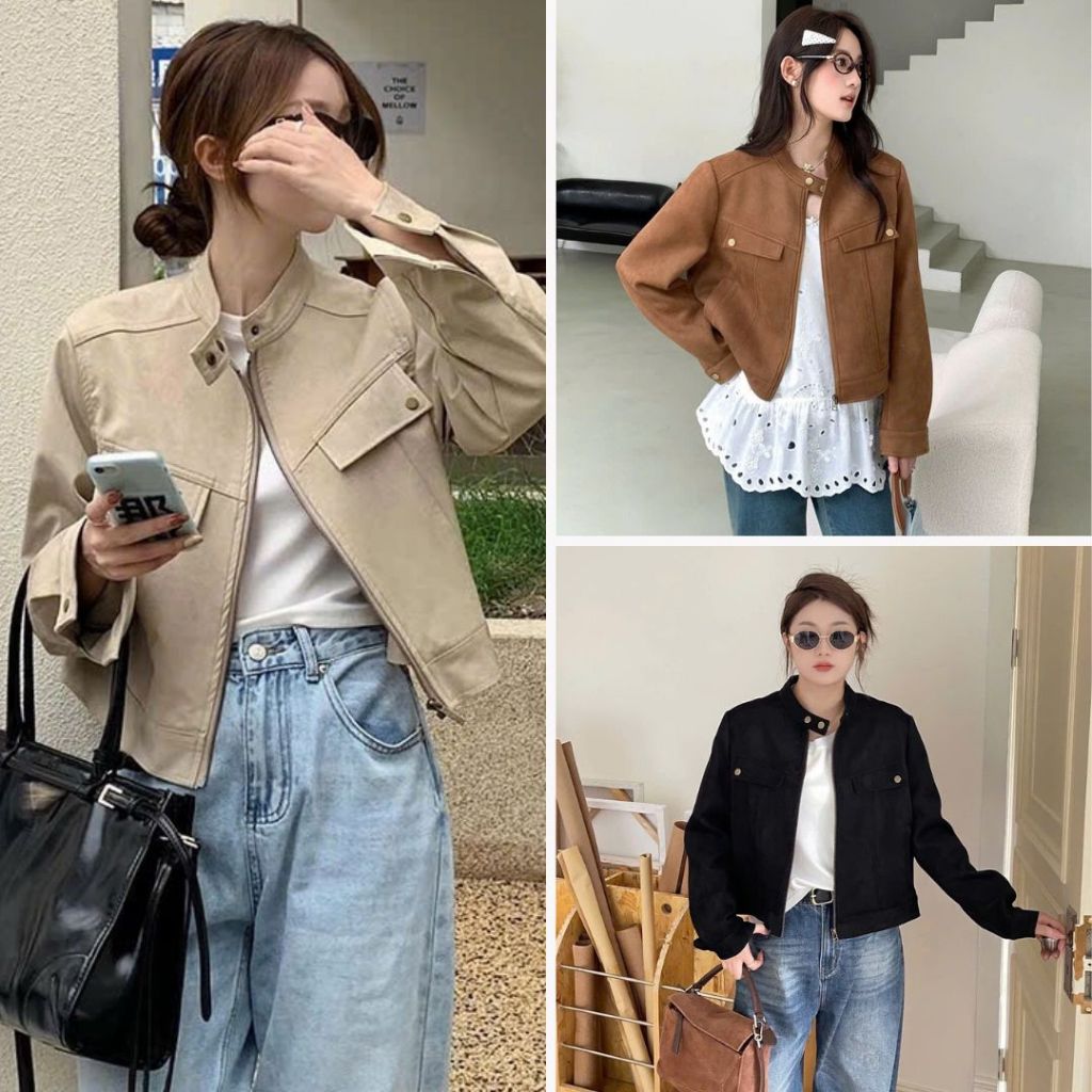 Áo Khoác Da Lộn Cổ Trụ Cúc Bấm Túi Nắp Dáng Lửng, Labibi