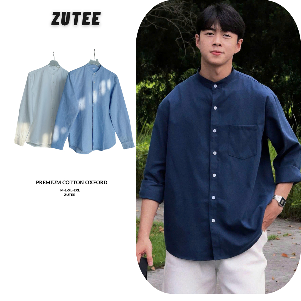 Áo Sơ Mi Cổ Tàu Oxford Tay Dài Nam Nữ Hàn Quốc Cổ Trụ ZUTEE Form Rộng