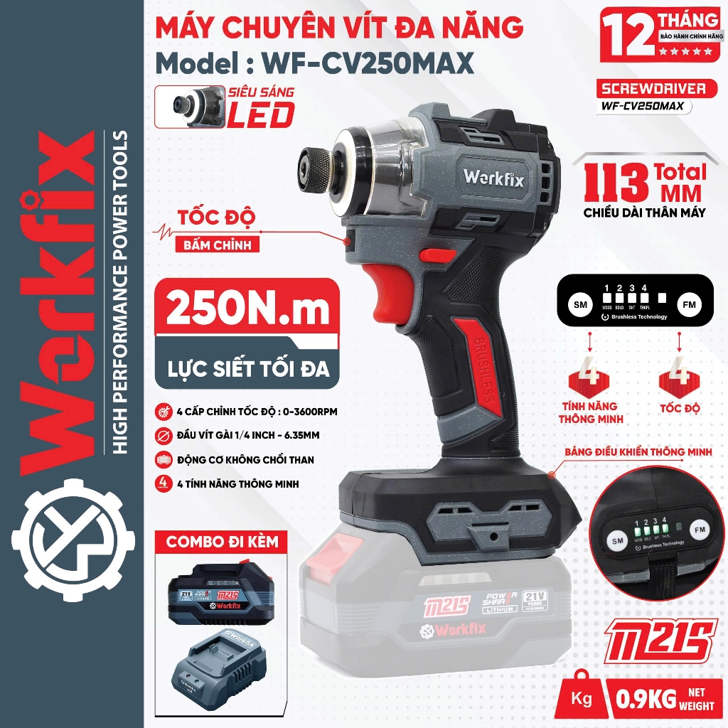 Thân máy chuyên vít không dây WORKFIX WF-CV250MAX, Không chổi than 250Nm, 4 Tốc độ, 4 Tính năng thông minh