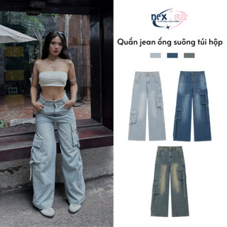 Quần túi hộp Unisex Jeans ống suông ống rộng nam nữ Wash 3 màu xanh sáng xanh rêu xanh đậm Rawfit M3