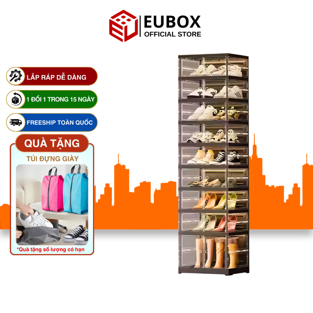 Tủ giày gấp gọn Eubox Official Store 3 mặt trong suốt 9102T-8-1, chất liệu nhựa nguyên sinh an toàn
