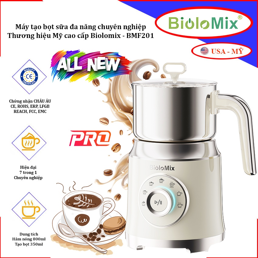 Máy tạo bọt sữa đa năng chuyên nghiệp 7 IN 1. Thương hiệu Mỹ cao cấp Biolomix - BMF201. BH 1 NĂM