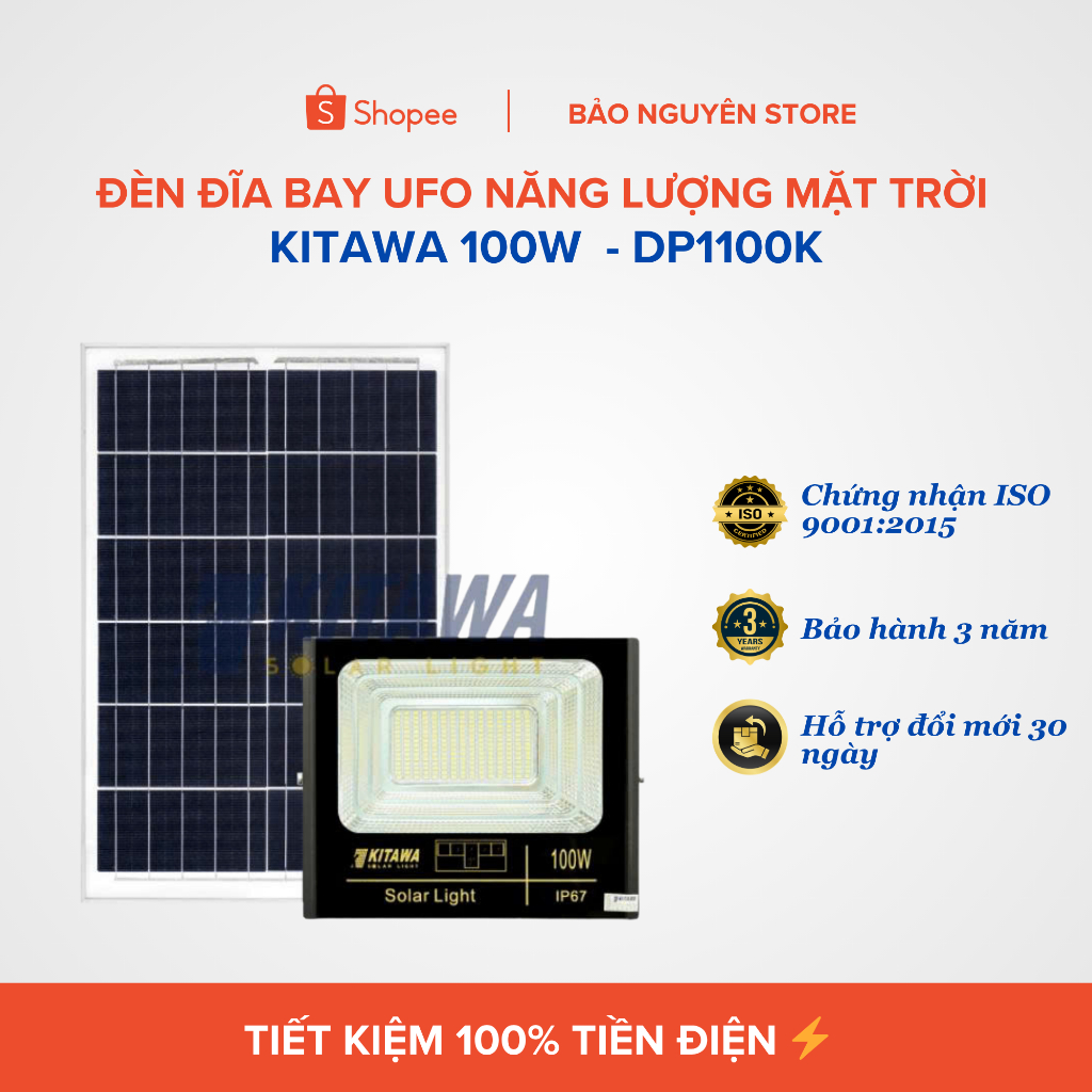 Đèn Pha Năng Lượng Mặt Trời Kitawa 100W IP67 DP1100-K | Chính hãng |