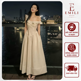 Đầm trễ vai họa tiết kẻ caro viền bèo Emili Design váy maxi chiết eo đi tiệc, du lịch, dạo phố V541
