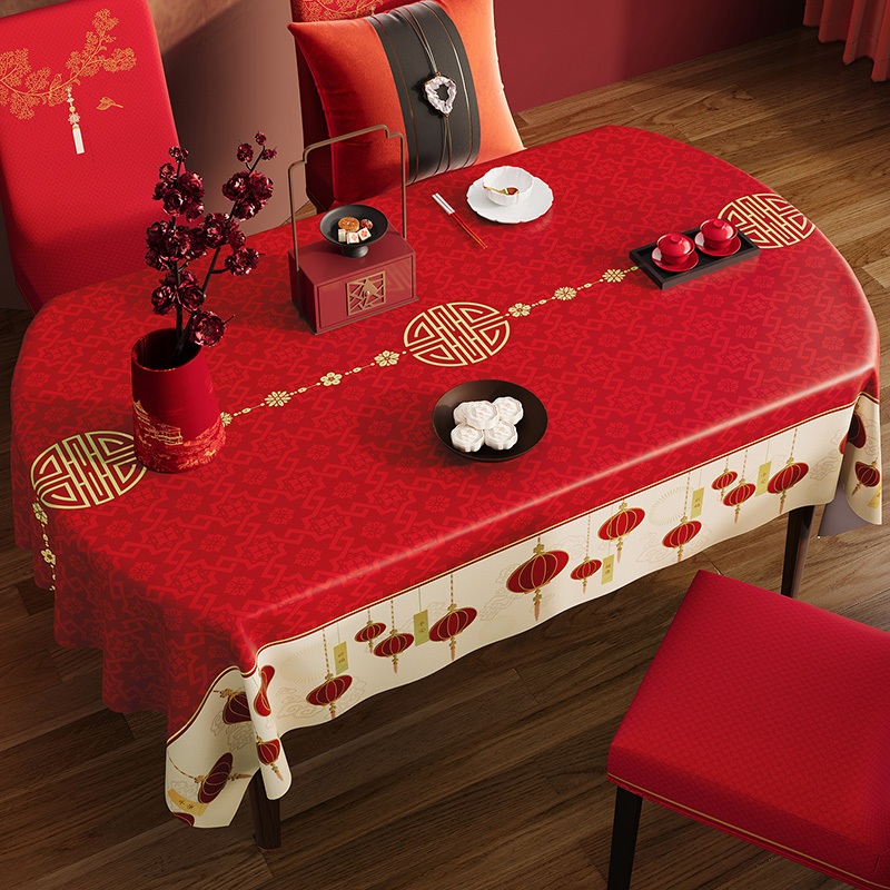 Khăn trải bàn màu đỏ hình chữ nhật, mang không khí lễ hội, không cần giặt, chống thấm nước, chống dầ