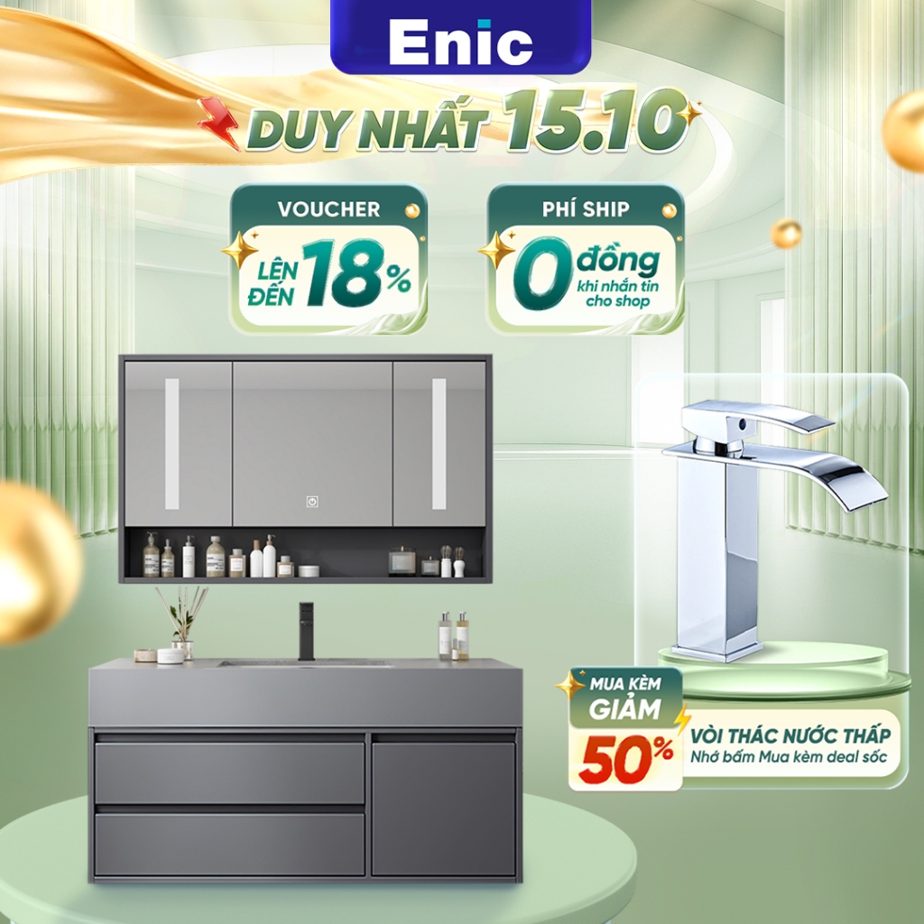 Bộ tủ lavabo và tủ gương phòng tắm cao cấp Enic T03 chất liệu Polywood chống thấm nước và đá nano chống trầy