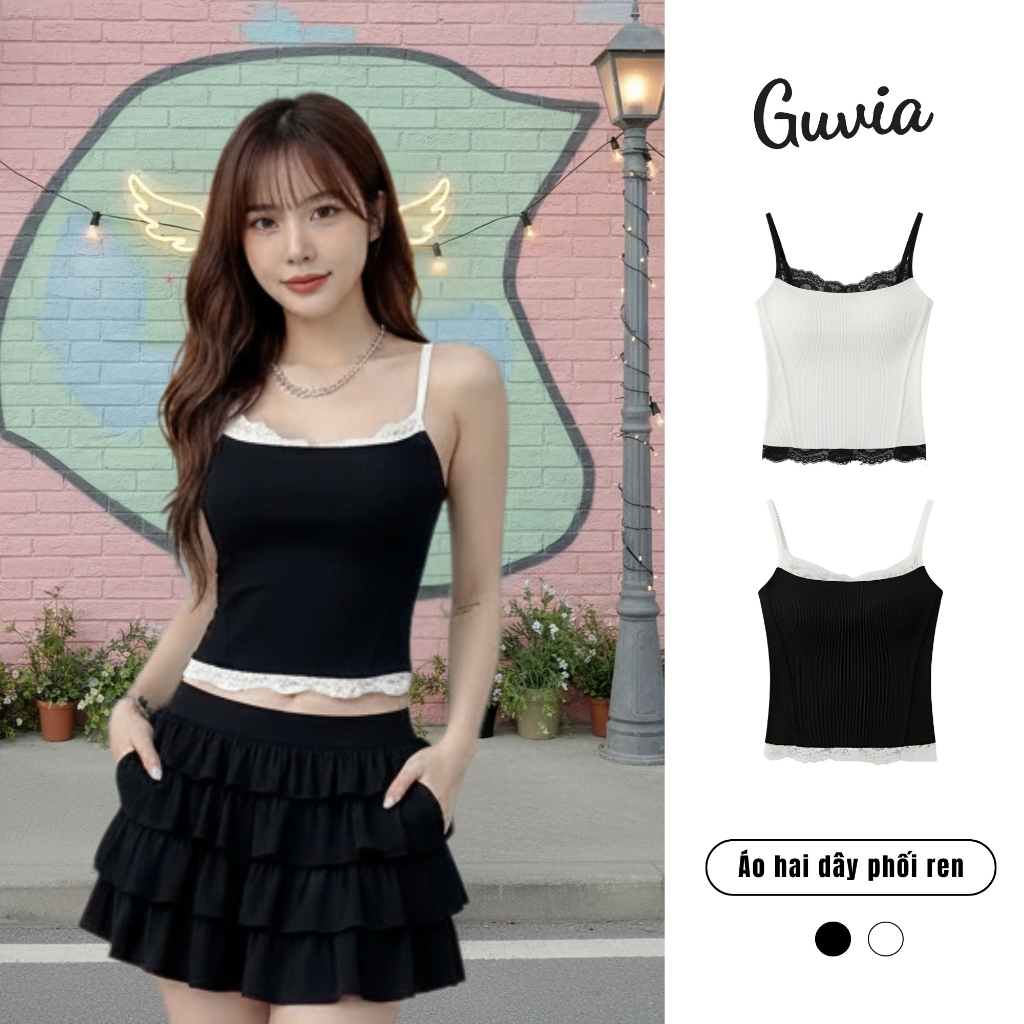 Áo Hai Dây Phối Ren Thun Gân Mềm, Áo Thun Sát Nách Ren Ôm Body GUVIA CR207