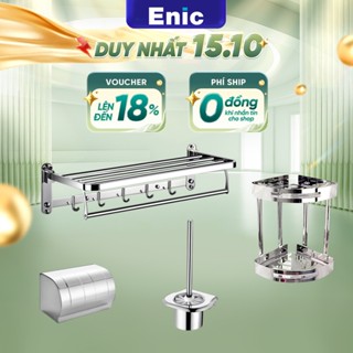 Bộ phụ kiện giá treo khăn tắm gắn tường gấp gọn Enic, hộp đựng giấy vệ sinh, kệ phòng tắm 2 tầng đa năng, chổi cọ toilet