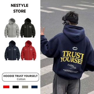  Áo Khoác Zip Có Túi in chữ TRUST YOURSELF Boxy Cổ Cao Tay Dài Phồng Unisex Áo Hoodie Nỉ Bông Top Jacket Nam Nữ 