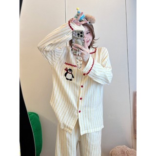  Bộ ngủ nữ bộ mặc nhà dài tay pijama cho nữ họa tiết đáng yêu kẻ sọc thu đông bigsize 232 E-12 