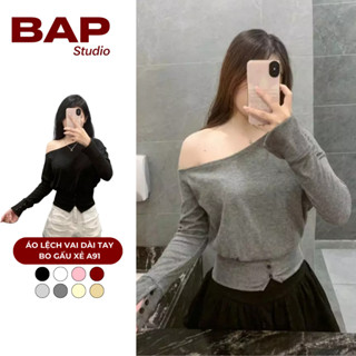  Áo lệch vai áo thun trễ vai dài tay bo gấu xẻ cách điệu nữ tính thời trang thu đông BAP STUDIO -  A91 