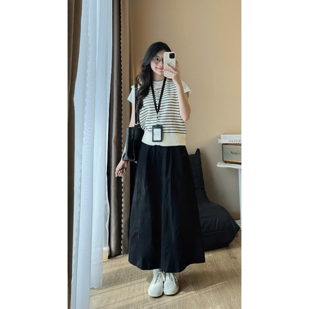 (ẢNH OLDSCHOOL) Chân váy kaki thô basic dáng dài xếp ly vintage CV5169 | BigBuy360 - bigbuy360.vn