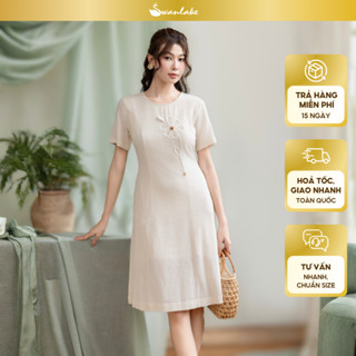 SWANLAKE | Váy Đầm Nữ Công Sở Nhấn Eo Nhẹ Tôn Dáng Cổ Tròn Tay Ngắn Vải Linen Chạy Nét Hoa 3D D12362