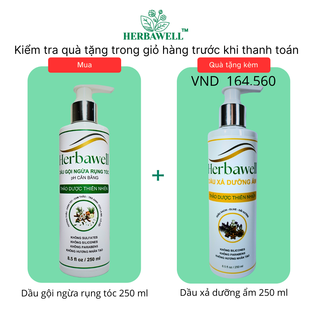  Dầu gội ngừa rụng tóc Herbawell 250 ml pH cân bằng tặng kèm Dầu xả dưỡng ẩm Herbawell 250 ml trị giá 164,560 VND 