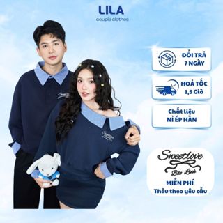  Áo Sweater Đôi Nữ Nam Blue Deep Lila Áo Nỉ Dài Tay Nữ Trễ Vai Phối Cổ Sơ Mi Kẻ Quà Tặng Couple 